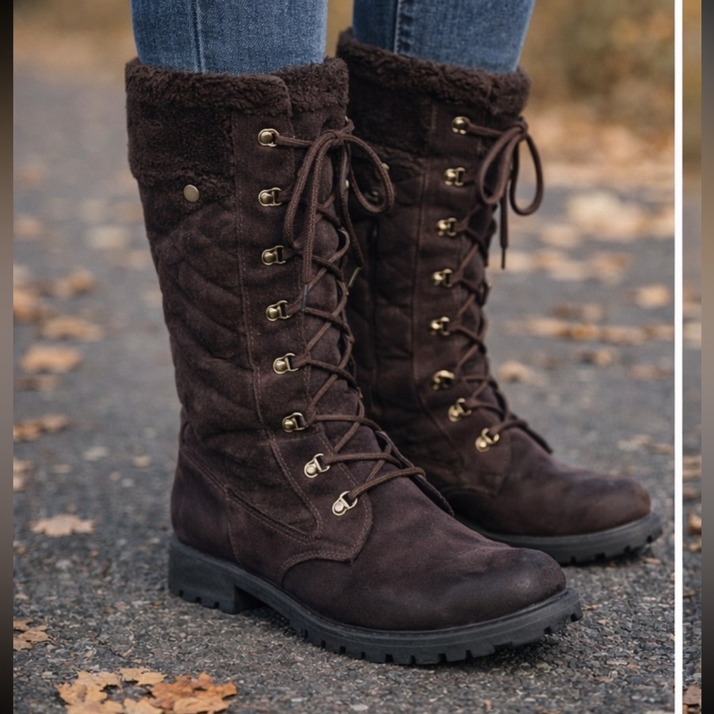 Denver Hayes Women's Brown Lace-Up Tall Boots with Faux Fur Trim